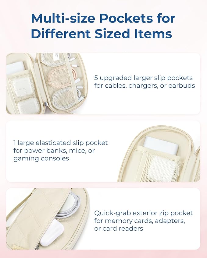 BAGSMART Cord Organizer Travel Cable Bag, Compact Tech Electronic Organizer Travel Case, Essentials for Charger, Cable, Phone, Flash drive - Beige