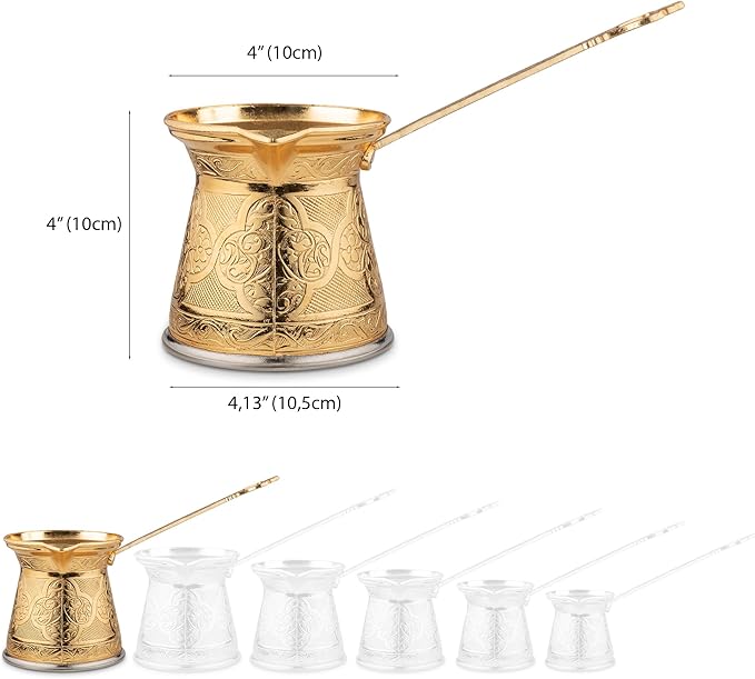 Alisveristime Authentic Turkish Coffee Pot, Handmade Cezve/Ibrik, 4-Inch Width, 4-Inch Height - 20.28 Ounce Enhance Your Coffee Experience Now! (6 Cup) (Gold)