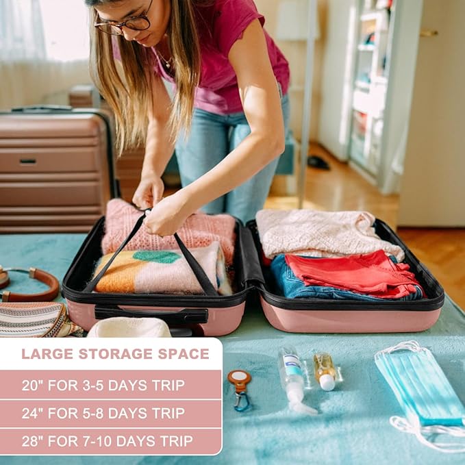 Kono 28 Inch Luggage Expandable Suitcase Lightweight with Spinner Wheels TSA Lock Hardside Large Checked Luggage Durable Rolling Suitcase Nude/Rose Pink