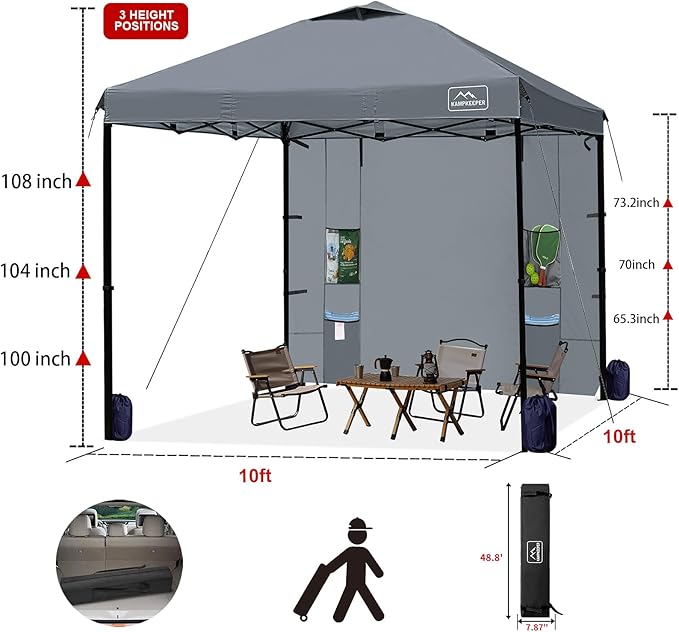 KAMPKEEPER 10x10 Pop Up Canopy Tent with Sidewall - Easy Setup Sun Shelter, Outdoor Shade with Vented Roof for Backyard | UV & Rain Portable Instant Camping Beach Canopy Tents (Dark Grey)