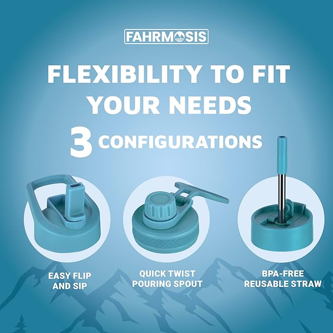 40 Oz Water Bottle with Strap Stainless Steel Sports Water Bottle with 3 Lids (Straw, Chug and Flip Lid) Insulated Leak Proof Metal Jug for Men & Women - Indigo Green (Pattern)