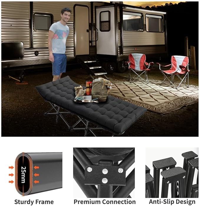 Oversized XXL Camping Cot, Folding Cot Camping Cots for Adults Portable Folding Outdoor Bed with Mat and Carry Bag, Heavy Duty Sleeping Cots for Outdoor Travel Camp Beach Vacation (Black)