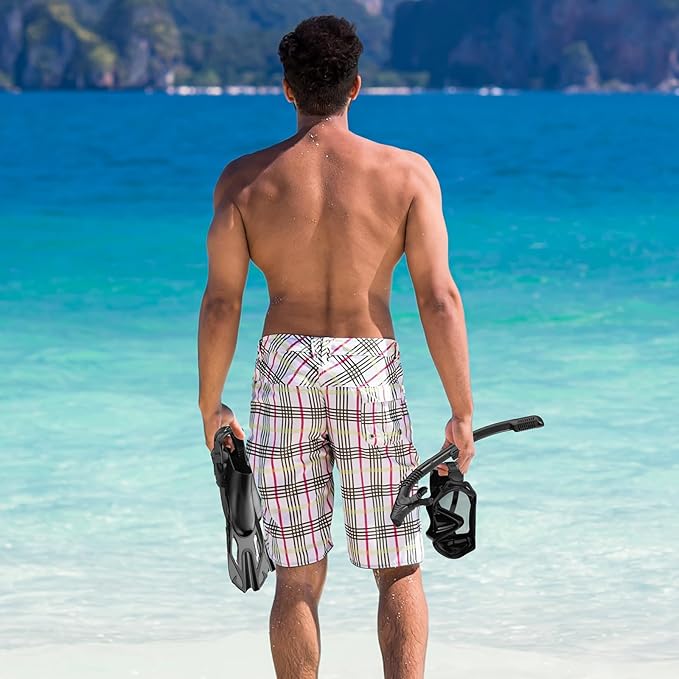 Snorkeling Gear for Adults, Mask Fin Snorkel Set, Dry Top Snorkel, Snorkeling Kit Travel Diving Package, Panoramic View Anti-Fog Anti-Leak Adjustable Swim Fins