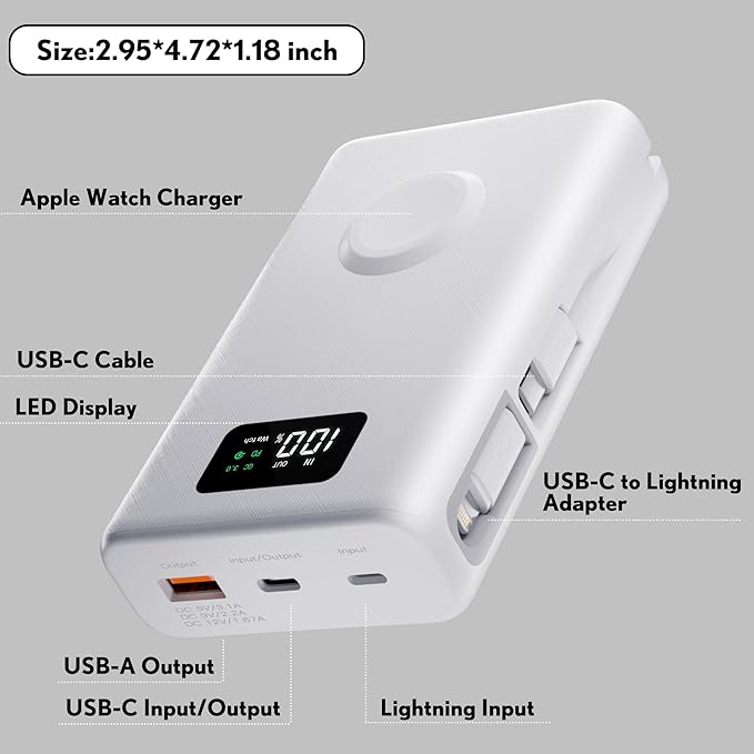 pzoz 20000mAh Portable Power Bank Powerbank Battery Pack with Apple Watch Magnetic Wireless Charger,USB Type C PD Fast Charging Cable Travel High Capacity Compatible iWatch iPhone 17 16 15 (White)