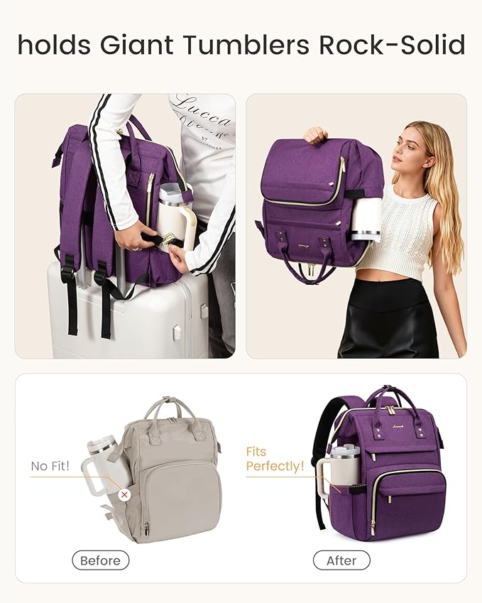 LOVEVOOK Laptop Backpack for Women with Giant Tumbler Holder Pocket,15.6 inch Waterproof Travel Backpack Purse Computer Laptop Bag,Professional Work College Nurse Teacher Backpack Daypack,Grayish-pink