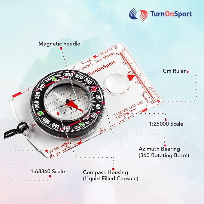 TurnOnSport Orienteering Compass - Advanced Scout Compass for Hiking, Camping, and Backpacking - Best Survival Gifts for Kids