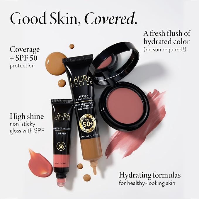 LAURA GELLER NEW YORK Good Skin SPF Makeup Kit (4 PC), Medium | Serum Foundation SPF 50, Cream Blush, Lip Balm SPF 30 | Hydrating, Lightweight Makeup Set for Mature Skin + Cosmetic Bag