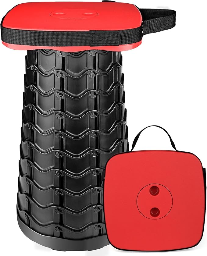 Upgraded Folding Stool Heavy Duty 550lbs Load Capacity Collapsible Portable Sturdy Telescopic Stool for Camping Travel Hiking (Red)