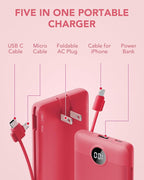Portable Charger Built-in Cables and AC Wall Plug, VRURC USB C Power Bank 10000mAh, Travel Battery Portable Phone Charger Compact Lightweight External Battery Pack for SmartPhones,Tablets-Viva Magenta