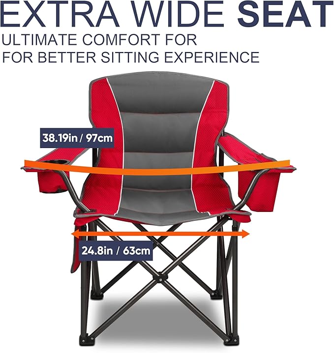 Colorsoul Oversized Folding Camping Chair, Outdoor Padded Camping Chair Support 300 LBS with Cup Holder and Cooler Bag, Portable Lawn Chair for Beach Picnic Sports, (Red)