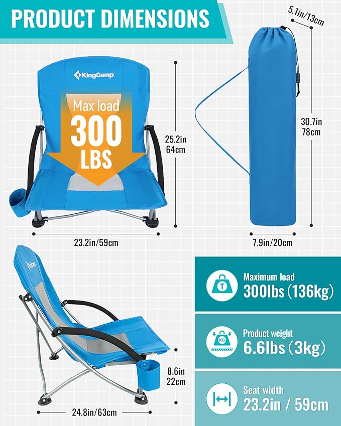 KingCamp Low Beach Chairs, Portable Folding Chair for Adults Extra Wide Ergonomic High Back Seat 300lbs Heavy Duty Lightweight Oversized Gear with Carry Bag for Outdoor Lawn Camping Picnic