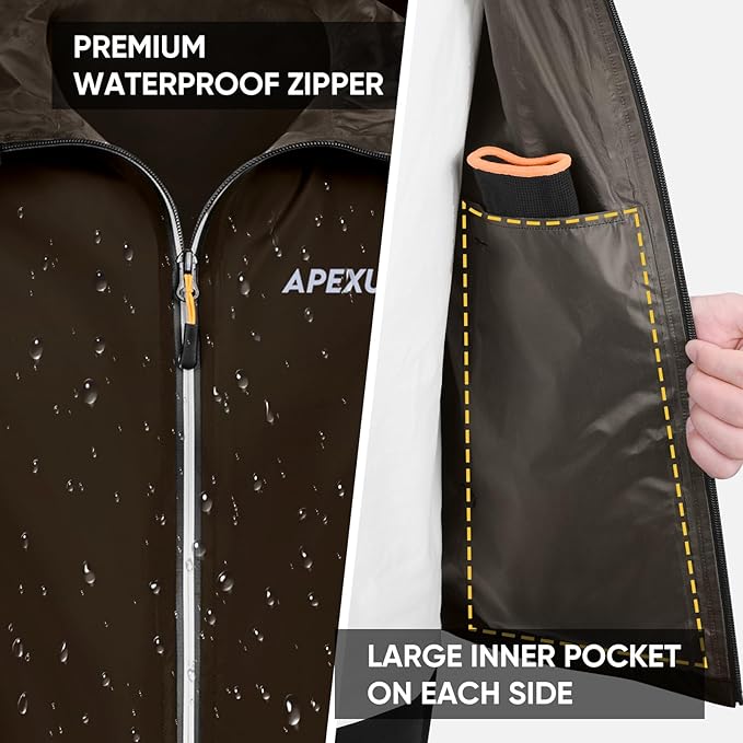 APEXUP Packable Rain Jacket Men with Reflective Zipper, Lightweight Waterproof Raincoat, Mens Rain Jacket for Outdoor Sports