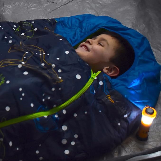 AceCamp Glow in The Dark Mummy Sleeping Bag for Kids and Youth, Temperature Rating 30°F/-1°C, Water-Resistant for Camping, Hiking, and Slumber Party