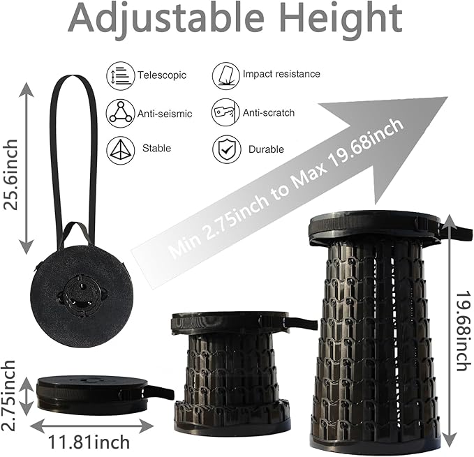 Upgraded XXL Collapsible Stool with Cushion,19.7"H-11.8"D Telescoping Folding Stool for Adults,More Sturdy Portable Camping Stools with Load Capacity 1000lbs for Outdoor,Garden,Fishing,Hiking