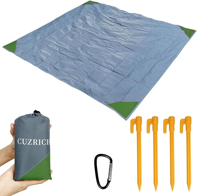 Pocket Beach Blanket Small Foldable Picnic Mat Portable Lightweight Camping Tarp Tent Blankets Washable Rug Quick Dry Compact Beach Mats Hiking Outdoor Essentials (Gray/Green 55"*59" / 4.59ft×4.92ft)