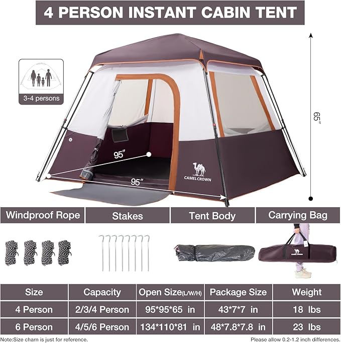 Camping Tents 4/6 Person Pop Up Instant Tent - Setup in 60s for Family Camping, Windproof Design, Family Cabin Tent with Rainfly & Backpack Carry Bag