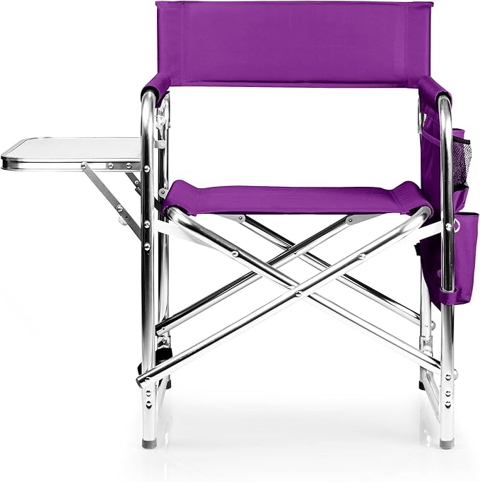 PICNIC TIME Sports Chair with Side Table, Outdoor Foldable Padded Adult Camping Chairs with Cup and Accessory Panel for Lawn, Beach, & Sports Use for Adults, up to 300-lbs Capacity, (Purple)