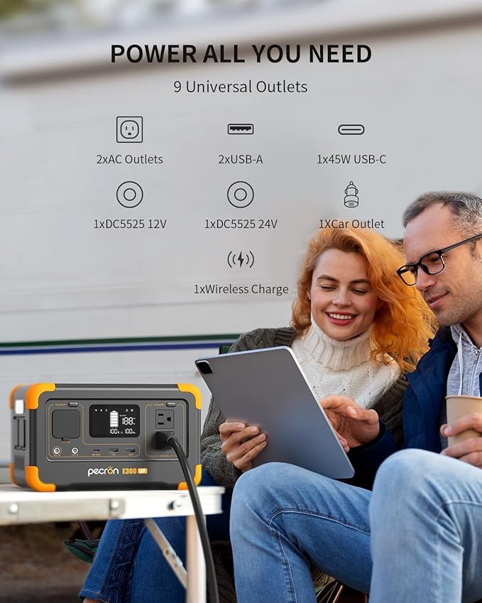 pecron Portable Power Station E300LFP, 288Wh Solar Generator, 2 Up to 600W AC Outlets Generator, LiFePO4 Battery Fast Charging, Power Station for Home Use, RV, Camping(Solar Panel Optional)