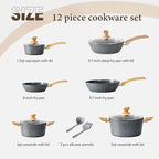 Kitchen Academy Induction Cookware Sets - 12 Piece Gray Cooking Pan Set, Granite Nonstick Pots and Pans Set