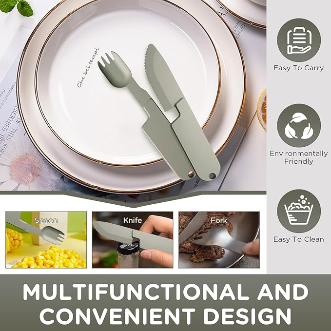 2 in 1 Camping Eating Utensils Set,Reusable Magnetic Camping Utensils Set,Portable Detachable Folding Fork Spoon for Lunch(1Set)