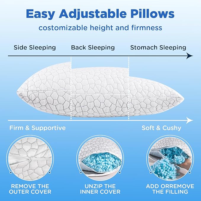 Side Sleeper Pillow for Adults, King Size Cooling Pillow for Neck and Shoulder Pain Relief, Adjustable Firm Soft Shredded Memory Foam Pillows for Side Back Stomach Sleepers, Bed Pillows for Sleeping