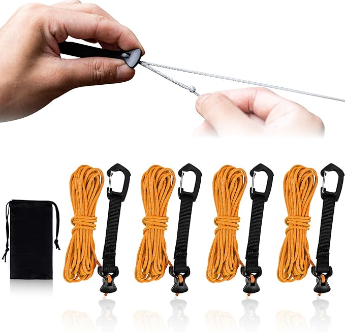 4 Pack Guy Lines-Ultralight Tent Cords with Locking Carabiner Clip, 2mm 100% Nylon Guylines Ropes for Outdoor Camping Tent Tarp,Climbing,Hiking Backpacking (Orange, 4M)
