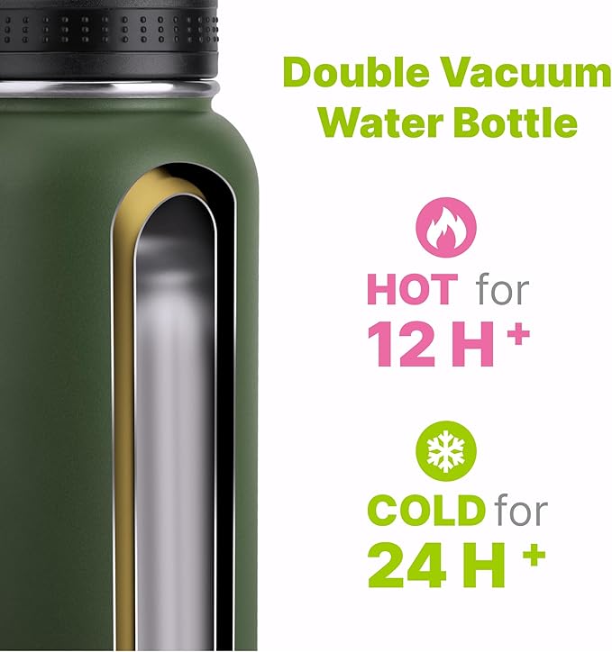 Insulated Water Bottle - 32 oz Stainless Steel Vacuum Wide Mouth Sports Flask With Silicone Boot - Reusable Metal Travel Bottle With Spout Lid (Grass Green)