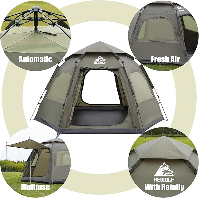 Hewolf 2/3/4 Person Camping Tent - Instant Pop Up Waterproof 2 Doors Tent with Easy Setup | 3-Season Hexagonal Dome Design for Family, Hiking & Traveling