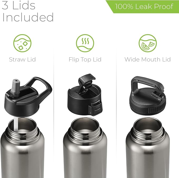 SipX™ Triple-Insulated Stainless Steel Water Bottle 40oz. With 3 Lids, BPA-Free Reusable Insulated Water Bottle Keeps Cold 24 Hours, Metal Water Bottle Made Of Sustainable Material For Hiking & Biking