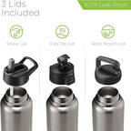 SipX™ Triple-Insulated Stainless Steel Water Bottle 40oz. With 3 Lids, BPA-Free Reusable Insulated Water Bottle Keeps Cold 24 Hours, Metal Water Bottle Made Of Sustainable Material For Hiking & Biking