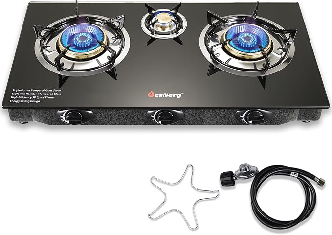 Propane Stove 3 Burner Gas Stove, 34000 BTU High-Efficiency Auto Ignition Tempered Glass LPG Cooktop with CSA Regulator and Hose – for Outdoor Camping, RV, and Emergency Cooking