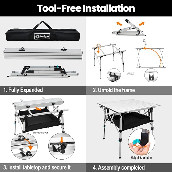 Portable Camping Table with Adjustable Legs, Lightweight Aluminum Folding Table Foldable Table for Outdoor Cooking, Picnic, Beach, Backyards, Square