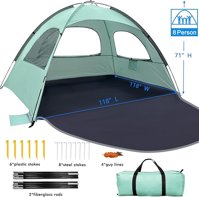 WhiteFang Beach Tent Anti-UV Portable Sun Shade Shelter for 3/4/6/8 Person, Extendable Floor with 3 Ventilating Mesh Windows Plus Carrying Bag, Stakes and Guy Lines