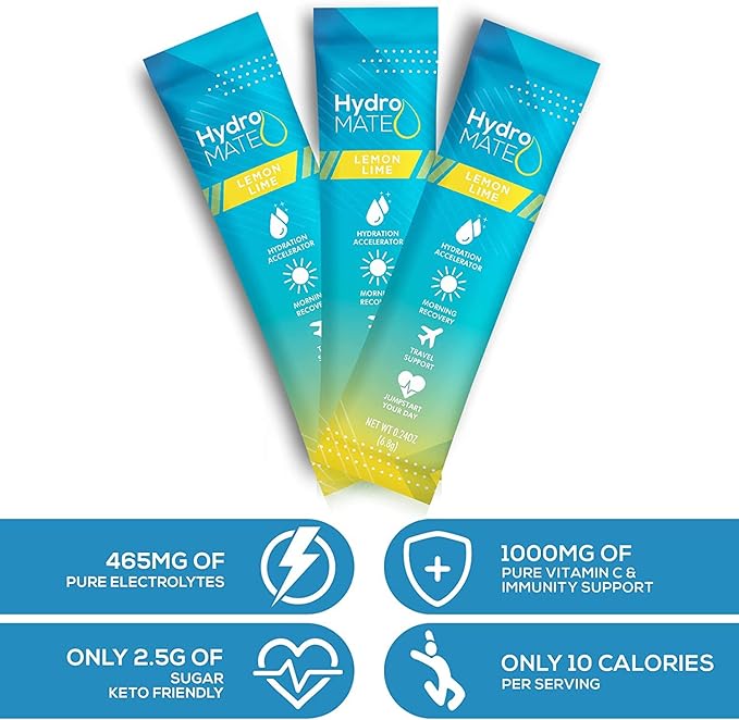 HydroMATE Electrolyte Powder Lemon Lime Hydration Packets Low Sugar 30 Count