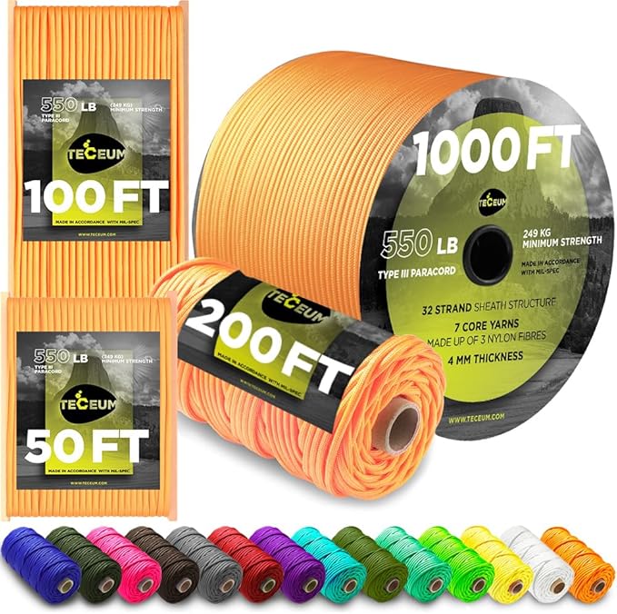 TECEUM 5/32" Paracord Rope 1000 – 1000ft / 200ft / 100ft / 50ft – Tactical Parachute Cord 4mm – 45+ Colors – Nylon String for Survival & Camping Gear – Stripe Cord for Survival – Utility Rope