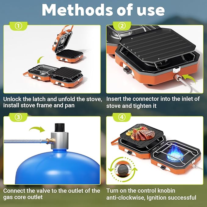 Adjustable 2 Burner Propane Camping Stove With Grill and Carry Bag, 16,000 BTU Foldable Camp Stove, Flame-out Protection, Camping Stove for BBQ/Tailgating, Orange