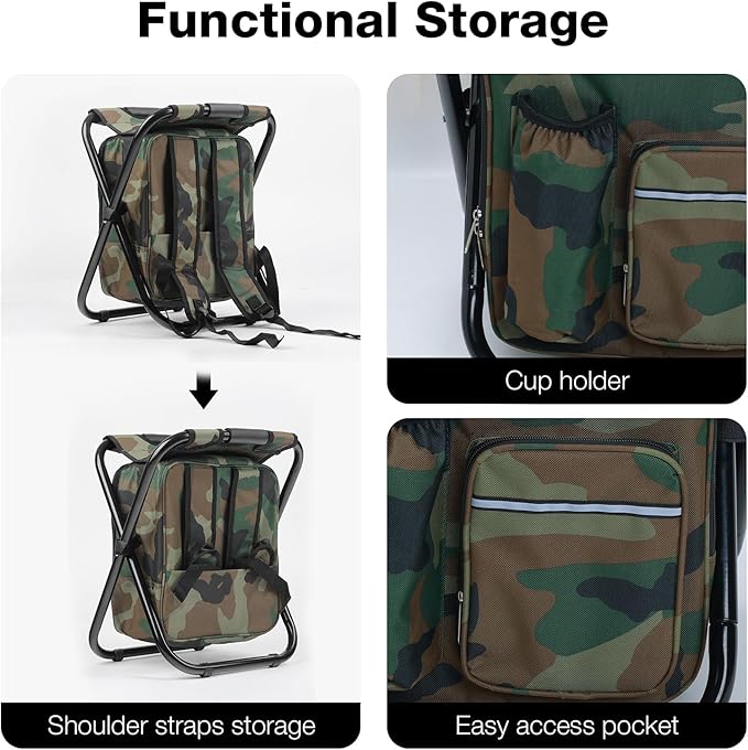 Heavy Duty 350lbs Backpack Cooler Chair for Adults, Folding Camp Stool with Cooler for Fishing, Camouflage