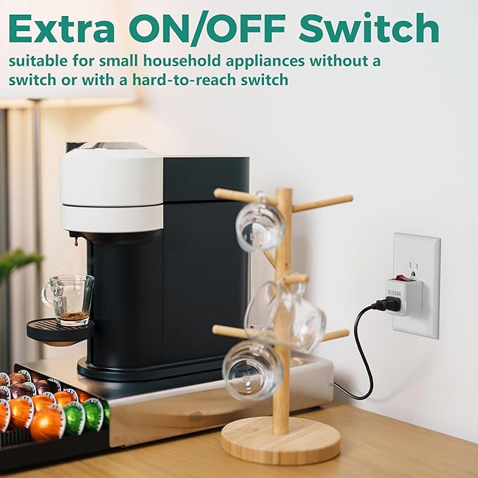 Elecan 2 Prong Outlet Extender with On/Off Switch (2 Pack), Power Switch Outlet Adapter Wall Tap, Energy Efficient Adapter for Small Appliances, Space-Saving Design, Travel Essentials,ETL Listed,White