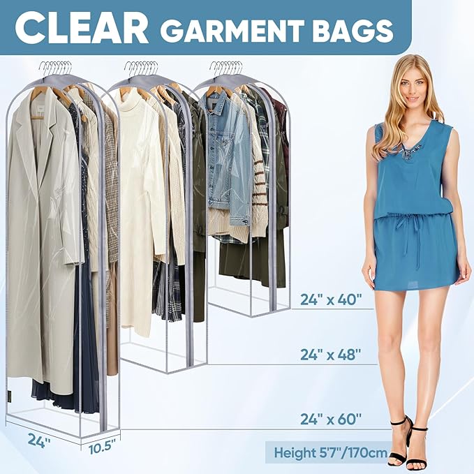 BALEINE 48'' Clear Garment Bags, 10.5'' Wide PEVA Suit Bag for Closet Clothes Dresses Suit Coats Storage (Clear, 6PK)