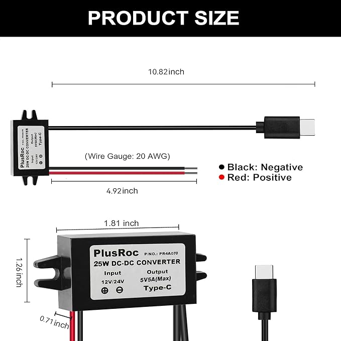 PlusRoc Waterproof DC 12V/24V to 5V 5A Step Down Converter, 25W USB-C Power Adapter for Raspberry Pi 5, Pi 4, Cellphone, and More (2-Pack)