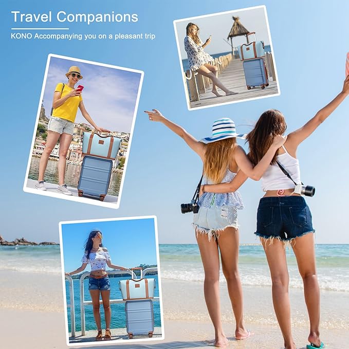 Kono Luggage Set 4 Piece Carry On Hardside Luggage with TSA Lock Spinner Wheels Carry On Suitcase Apricot Blue