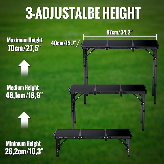 GARLLEN Folding Camping Table, 3-Adjustable Height Portable Picnic Table with Carrying Bag, Lightweight Aluminum Folding Outdoor Table for Camping, BBQ, Picnic, 34.2" L x 15.7" W, Black
