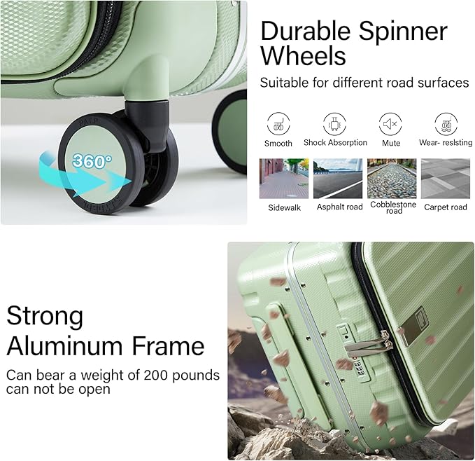 Hanke 26 Inch Large checked Luggage PC Hard Shell luggage Top Opening Aluminum Frame Travel Luggage Suitcases with Wheels for Woman Men.(Bamboo Green)