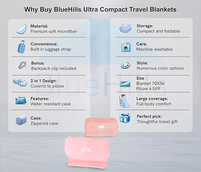 BlueHills Ultra Compact Travel Blanket 2 Pack Large Soft Cozy Portable Blanket Sheet with Carry Case and for Flight Airplane Car Layover Camping Hotel C206-2PK-Pink