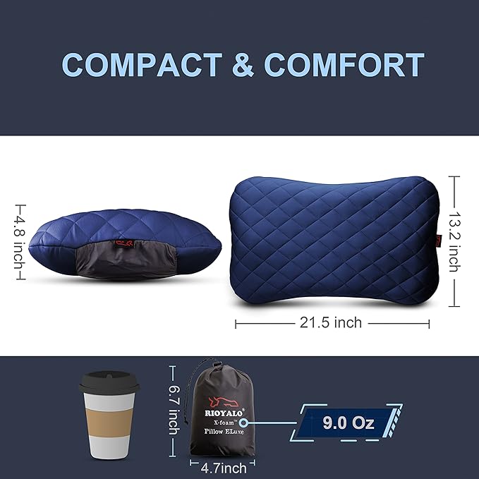 XL Inflatable Camping Pillow ELuxe w. Removable Padded Cover | X-Foam, Comfortable, Washable Ultralight Portable Neck Lumbar Support | Backpacking, Hiking, Travel, Air | X-Large (Ocean Blue)