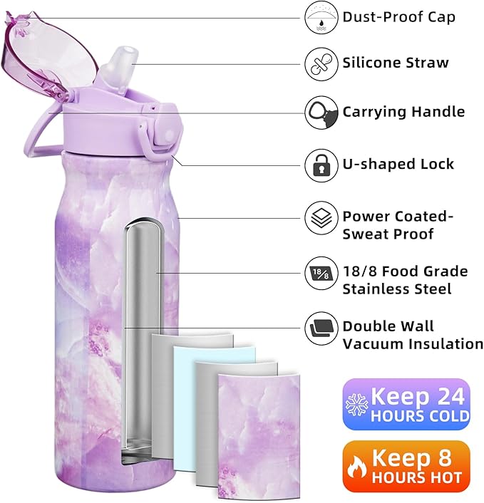 BJPKPK Water Bottle With Straw 25oz Insulated Water Bottles Reusable Stainless Steel Metal Thermo With Leak Proof Lockable Lid And Carry Handle,Dawn