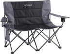 Oversized Double Camping Chairs for Adults, 2 Person Padded Folding Camp Chairs with 2 Cup Holders, Side Pocket for Outside, Picnic, Lawn, Big Heavy Duty Outdoor Loveseat, Black