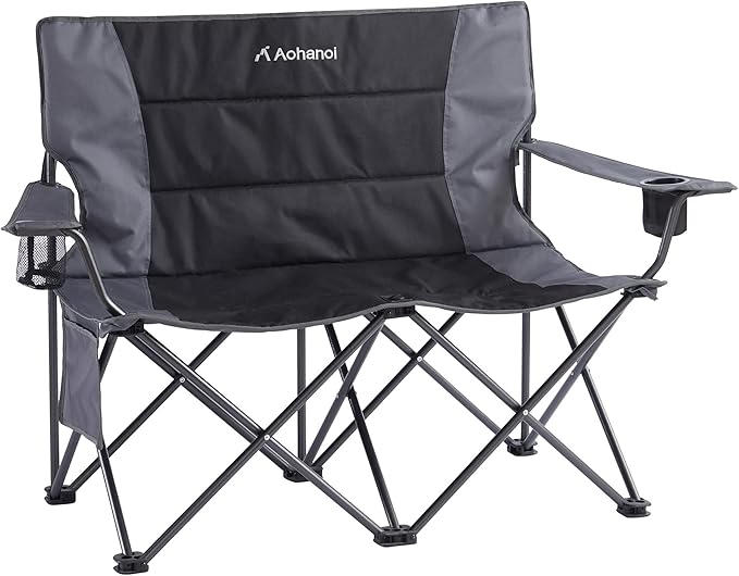 Oversized Double Camping Chairs for Adults, 2 Person Padded Folding Camp Chairs with 2 Cup Holders, Side Pocket for Outside, Picnic, Lawn, Big Heavy Duty Outdoor Loveseat, Black
