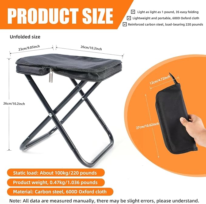 Camping Stool 10 Inch Portable Folding Stool with Carry Bag Weight Load 220lbs Portable Stool for Camping Fishing Hiking BBQ