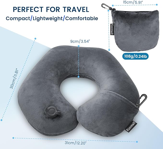Inflatable Travel Neck Pillow, Super Soft Plane Neck Support Pillow for Travel Ariplane Sleep Support, Adjustable Neck Cushion Headrest Pillow, Folds Up Nicely, Black Grey